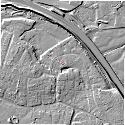 Shaded relief map of the ground around DE240YB, computed from Environment Agency LiDAR. The ground here sits at about 42 m above sea level and falls 10 m across the surrounding 800 m. Surface water reaching this point runs off ground lying to the south-south-east, 0.8 m higher.