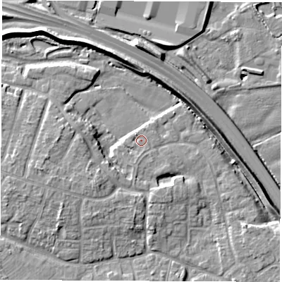 Shaded relief map of the ground around DE240YD, computed from Environment Agency LiDAR. The ground here sits at about 41 m above sea level and falls 10 m across the surrounding 800 m. Surface water reaching this point runs off ground lying to the north-west, 0.9 m higher.