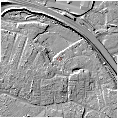 Shaded relief map of the ground around DE240YE, computed from Environment Agency LiDAR. The ground here sits at about 42 m above sea level and falls 10 m across the surrounding 800 m. Surface water reaching this point runs off ground lying to the south-east, 1.3 m higher.