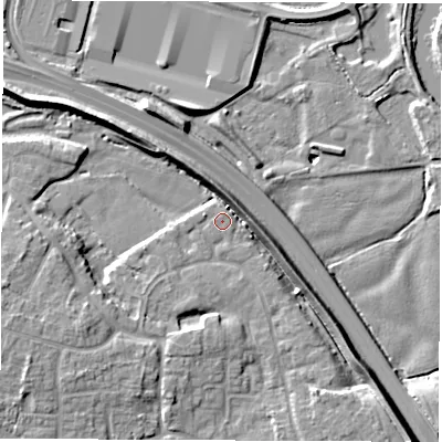 Shaded relief map of the ground around DE240YZ, computed from Environment Agency LiDAR. The ground here sits at about 41 m above sea level and falls 10 m across the surrounding 800 m. Surface water reaching this point runs off ground lying to the south-east, 6.8 m higher.