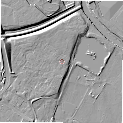 Shaded relief map of the ground around DE241AS, computed from Environment Agency LiDAR. The ground here sits at about 47 m above sea level and falls 16 m across the surrounding 800 m. Surface water reaching this point runs off ground lying to the west, 0.9 m higher.