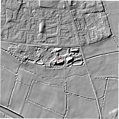 Shaded relief map of the ground around DE243GL, computed from Environment Agency LiDAR. The ground here sits at about 41 m above sea level and falls 11 m across the surrounding 800 m. Surface water reaching this point runs off ground lying to the south-west, 5.6 m higher.