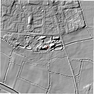Shaded relief map of the ground around DE243GN, computed from Environment Agency LiDAR. The ground here sits at about 43 m above sea level and falls 11 m across the surrounding 800 m. Surface water reaching this point runs off ground lying to the west-south-west, 6.3 m higher.