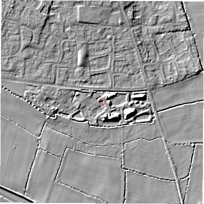 Shaded relief map of the ground around DE243GP, computed from Environment Agency LiDAR. The ground here sits at about 41 m above sea level and falls 11 m across the surrounding 800 m. Surface water reaching this point runs off ground lying to the north-west, 5.6 m higher.