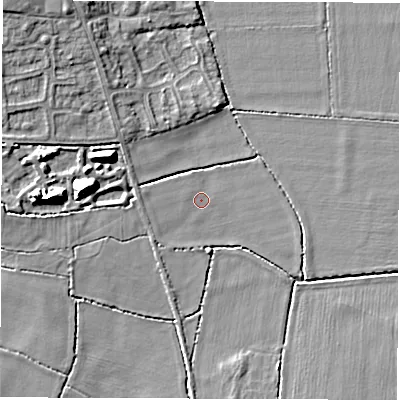 Shaded relief map of the ground around DE243GU, computed from Environment Agency LiDAR. The ground here sits at about 39 m above sea level and falls 9 m across the surrounding 800 m. Surface water reaching this point runs off ground lying to the west, 1.1 m higher.
