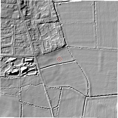 Shaded relief map of the ground around DE243GW, computed from Environment Agency LiDAR. The ground here sits at about 39 m above sea level and falls 9 m across the surrounding 800 m. Surface water reaching this point runs off ground lying to the north-west, 6.9 m higher.