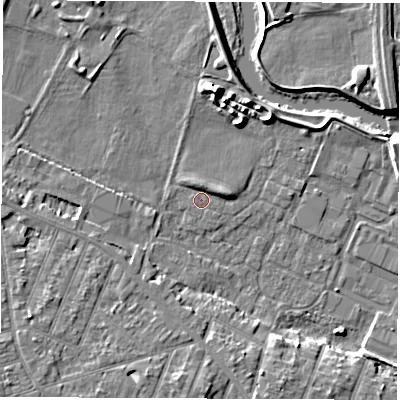 Shaded relief map of the ground around DE248FD, computed from Environment Agency LiDAR. The ground here sits at about 41 m above sea level and falls 6 m across the surrounding 800 m. Surface water reaching this point runs off ground lying to the north, 1.6 m higher.