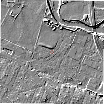 Shaded relief map of the ground around DE248FE, computed from Environment Agency LiDAR. The ground here sits at about 41 m above sea level and falls 6 m across the surrounding 800 m. Surface water reaching this point runs off ground lying to the north-north-west, 2.0 m higher.