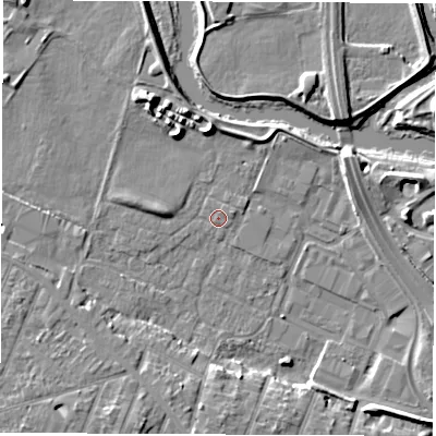 Shaded relief map of the ground around DE248FF, computed from Environment Agency LiDAR. The ground here sits at about 41 m above sea level and falls 6 m across the surrounding 800 m. Surface water reaching this point runs off ground lying to the south-south-west, 5.7 m higher.