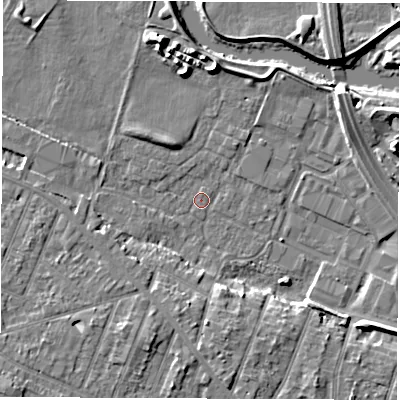 Shaded relief map of the ground around DE248FU, computed from Environment Agency LiDAR. The ground here sits at about 41 m above sea level and falls 6 m across the surrounding 800 m. Surface water reaching this point runs off ground lying to the south-south-west, 5.9 m higher.