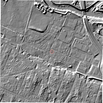 Shaded relief map of the ground around DE248GY, computed from Environment Agency LiDAR. The ground here sits at about 41 m above sea level and falls 6 m across the surrounding 800 m. Surface water reaching this point runs off ground lying to the east-south-east, 5.5 m higher.