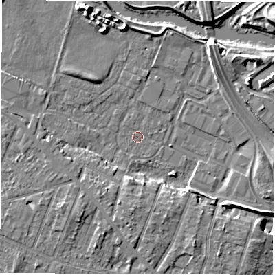 Shaded relief map of the ground around DE248HB, computed from Environment Agency LiDAR. The ground here sits at about 41 m above sea level and falls 7 m across the surrounding 800 m. Surface water reaching this point runs off ground lying to the south-east, 5.5 m higher.