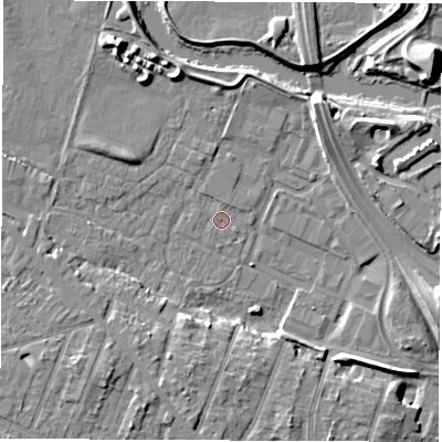Shaded relief map of the ground around DE248HD, computed from Environment Agency LiDAR. The ground here sits at about 41 m above sea level and falls 8 m across the surrounding 800 m. Surface water reaching this point runs off ground lying to the south-east, 5.5 m higher.