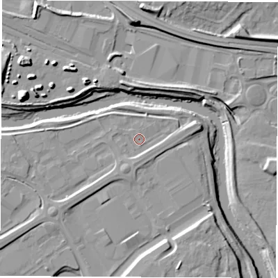 Shaded relief map of the ground around DE248HG, computed from Environment Agency LiDAR. The ground here sits at about 46 m above sea level and falls 14 m across the surrounding 800 m. Surface water reaching this point runs off ground lying to the south-west, 2.8 m higher.