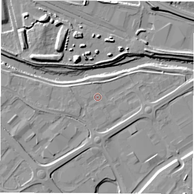 Shaded relief map of the ground around DE248HP, computed from Environment Agency LiDAR. The ground here sits at about 46 m above sea level and falls 14 m across the surrounding 800 m. Surface water reaching this point runs off ground lying to the south-west, 4.1 m higher.