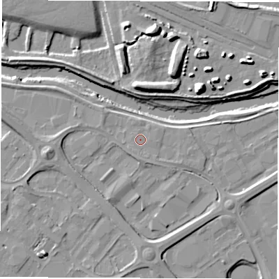 Shaded relief map of the ground around DE248HY, computed from Environment Agency LiDAR. The ground here sits at about 46 m above sea level and falls 14 m across the surrounding 800 m. Surface water reaching this point runs off ground lying to the south-south-west, 1.0 m higher.