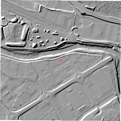 Shaded relief map of the ground around DE248HZ, computed from Environment Agency LiDAR. The ground here sits at about 45 m above sea level and falls 14 m across the surrounding 800 m. Surface water reaching this point runs off ground lying to the south, 2.8 m higher.