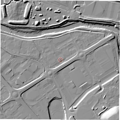 Shaded relief map of the ground around DE248LZ, computed from Environment Agency LiDAR. The ground here sits at about 45 m above sea level and falls 20 m across the surrounding 800 m. Surface water reaching this point runs off ground lying to the south, 2.8 m higher.