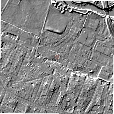 Shaded relief map of the ground around DE248NX, computed from Environment Agency LiDAR. The ground here sits at about 41 m above sea level and falls 6 m across the surrounding 800 m. Surface water reaching this point runs off ground lying to the south-west, 5.3 m higher.