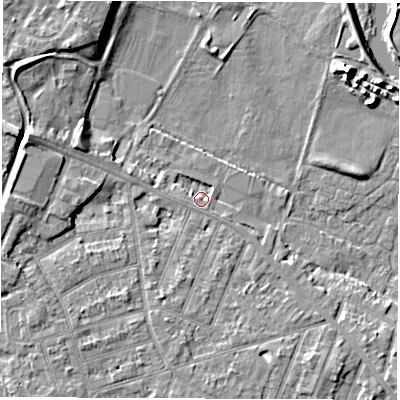 Shaded relief map of the ground around DE248PX, computed from Environment Agency LiDAR. The ground here sits at about 44 m above sea level and falls 8 m across the surrounding 800 m. Surface water reaching this point runs off ground lying to the west-north-west, 5.2 m higher.