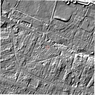 Shaded relief map of the ground around DE248QA, computed from Environment Agency LiDAR. The ground here sits at about 44 m above sea level and falls 6 m across the surrounding 800 m. Surface water reaching this point runs off ground lying to the south-south-east, 2.4 m higher.