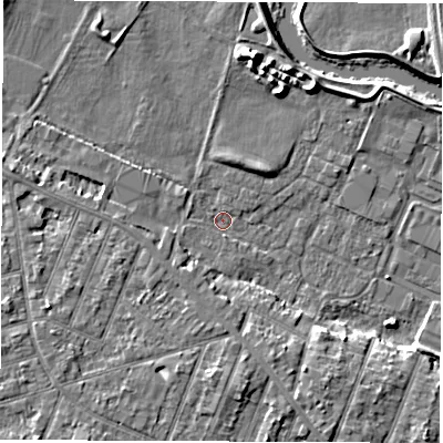 Shaded relief map of the ground around DE248QQ, computed from Environment Agency LiDAR. The ground here sits at about 41 m above sea level and falls 6 m across the surrounding 800 m. Surface water reaching this point runs off ground lying to the south, 4.9 m higher.