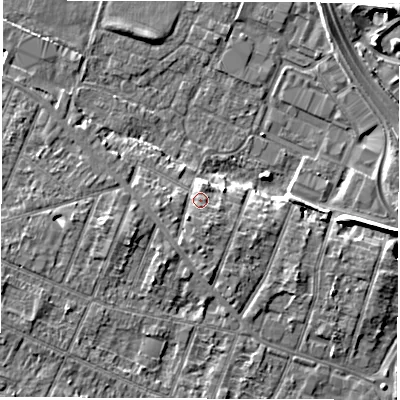 Shaded relief map of the ground around DE248QS, computed from Environment Agency LiDAR. The ground here sits at about 44 m above sea level and falls 6 m across the surrounding 800 m. Surface water reaching this point runs off ground lying to the south-south-east, 1.7 m higher.
