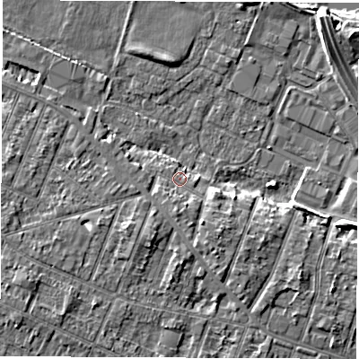 Shaded relief map of the ground around DE248QT, computed from Environment Agency LiDAR. The ground here sits at about 43 m above sea level and falls 6 m across the surrounding 800 m. Surface water reaching this point runs off ground lying to the south-east, 2.2 m higher.