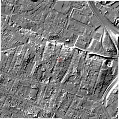 Shaded relief map of the ground around DE248QU, computed from Environment Agency LiDAR. The ground here sits at about 45 m above sea level and falls 9 m across the surrounding 800 m. The ground contributing surface water to this point lies to the west-north-west.