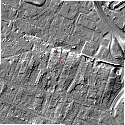 Shaded relief map of the ground around DE248QW, computed from Environment Agency LiDAR. The ground here sits at about 45 m above sea level and falls 6 m across the surrounding 800 m. Surface water reaching this point runs off ground lying to the west-south-west, 1.2 m higher.