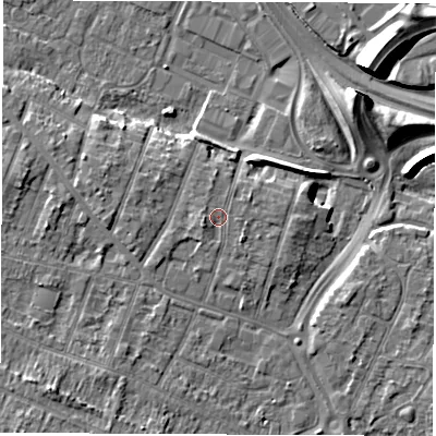Shaded relief map of the ground around DE248QZ, computed from Environment Agency LiDAR. The ground here sits at about 44 m above sea level and falls 11 m across the surrounding 800 m. Surface water reaching this point runs off ground lying to the west-south-west, 1.3 m higher.