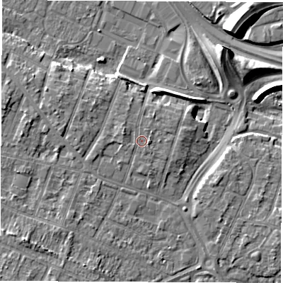 Shaded relief map of the ground around DE248RA, computed from Environment Agency LiDAR. The ground here sits at about 44 m above sea level and falls 11 m across the surrounding 800 m. Surface water reaching this point runs off ground lying to the west-north-west, 1.3 m higher.