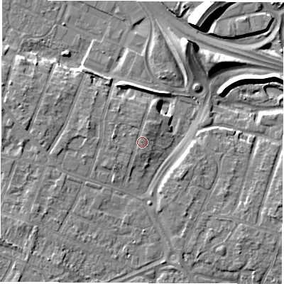 Shaded relief map of the ground around DE248RB, computed from Environment Agency LiDAR. The ground here sits at about 44 m above sea level and falls 12 m across the surrounding 800 m. Surface water reaching this point runs off ground lying to the south-west, 0.5 m higher.