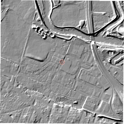 Shaded relief map of the ground around DE248RE, computed from Environment Agency LiDAR. The ground here sits at about 41 m above sea level and falls 7 m across the surrounding 800 m. Surface water reaching this point runs off ground lying to the south-south-west, 5.7 m higher.