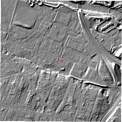 Shaded relief map of the ground around DE248RG, computed from Environment Agency LiDAR. The ground here sits at about 41 m above sea level and falls 12 m across the surrounding 800 m. Surface water reaching this point runs off ground lying to the south-east, 5.5 m higher.