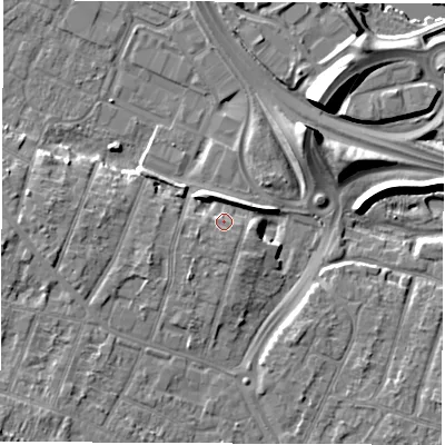 Shaded relief map of the ground around DE248UH, computed from Environment Agency LiDAR. The ground here sits at about 43 m above sea level and falls 12 m across the surrounding 800 m. Surface water reaching this point runs off ground lying to the west-south-west, 2.2 m higher.