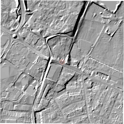 Shaded relief map of the ground around DE248UY, computed from Environment Agency LiDAR. The ground here sits at about 45 m above sea level and falls 10 m across the surrounding 800 m. Surface water reaching this point runs off ground lying to the west, 2.8 m higher.