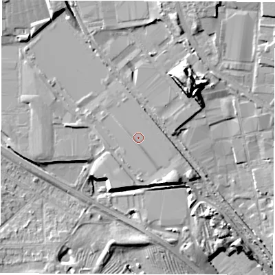 Shaded relief map of the ground around DE249BD, computed from Environment Agency LiDAR. The ground here sits at about 48 m above sea level and falls 17 m across the surrounding 800 m. Surface water reaching this point runs off ground lying to the south-south-east, 1.2 m higher.