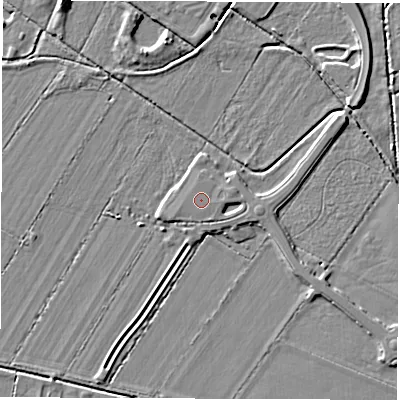 Shaded relief map of the ground around DE249FU, computed from Environment Agency LiDAR. The ground here sits at about 40 m above sea level and falls 5 m across the surrounding 800 m. The ground contributing surface water to this point lies to the east-north-east.