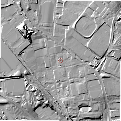 Shaded relief map of the ground around DE249GJ, computed from Environment Agency LiDAR. The ground here sits at about 46 m above sea level and falls 20 m across the surrounding 800 m. Surface water reaching this point runs off ground lying to the north-east, 2.0 m higher.