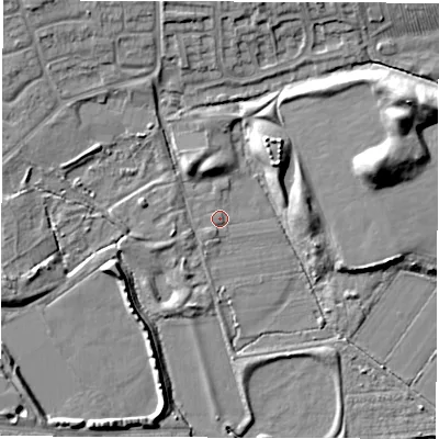 Shaded relief map of the ground around DE249HW, computed from Environment Agency LiDAR. The ground here sits at about 39 m above sea level and falls 12 m across the surrounding 800 m. Surface water reaching this point runs off ground lying to the west, 3.0 m higher.
