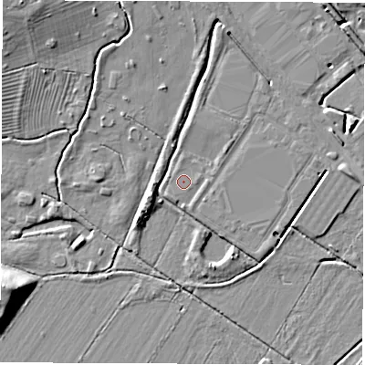 Shaded relief map of the ground around DE249HZ, computed from Environment Agency LiDAR. The ground here sits at about 40 m above sea level and falls 11 m across the surrounding 800 m. The ground contributing surface water to this point lies to the south-east.