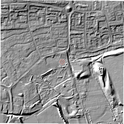 Shaded relief map of the ground around DE249PG, computed from Environment Agency LiDAR. The ground here sits at about 40 m above sea level and falls 12 m across the surrounding 800 m. Surface water reaching this point runs off ground lying to the north-north-east, 1.3 m higher.