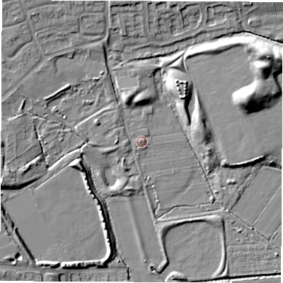 Shaded relief map of the ground around DE249SE, computed from Environment Agency LiDAR. The ground here sits at about 40 m above sea level and falls 12 m across the surrounding 800 m. Surface water reaching this point runs off ground lying to the west-north-west, 0.7 m higher.
