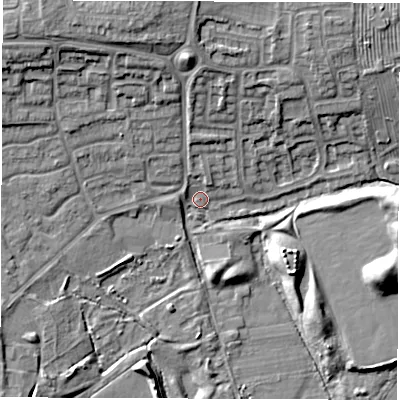 Shaded relief map of the ground around DE249SF, computed from Environment Agency LiDAR. The ground here sits at about 41 m above sea level and falls 13 m across the surrounding 800 m. Surface water reaching this point runs off ground lying to the north, 4.7 m higher.