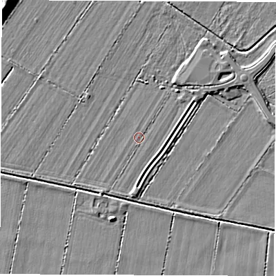 Shaded relief map of the ground around DE249SR, computed from Environment Agency LiDAR. The ground here sits at about 38 m above sea level and falls 8 m across the surrounding 800 m. The ground contributing surface water to this point lies to the north-east.