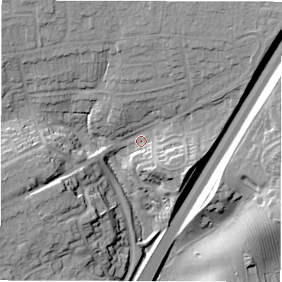 Shaded relief map of the ground around DE39AX, computed from Environment Agency LiDAR. The ground here sits at about 89 m above sea level and falls 26 m across the surrounding 800 m. Surface water reaching this point runs off ground lying to the north-north-east, 13.7 m higher.