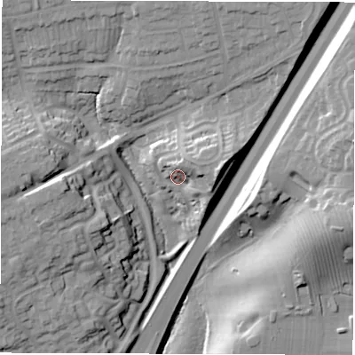 Shaded relief map of the ground around DE39DY, computed from Environment Agency LiDAR. The ground here sits at about 91 m above sea level and falls 28 m across the surrounding 800 m. Surface water reaching this point runs off ground lying to the east-north-east, 10.9 m higher.