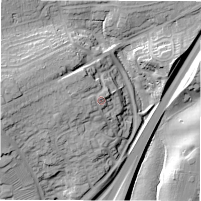 Shaded relief map of the ground around DE39SS, computed from Environment Agency LiDAR. The ground here sits at about 96 m above sea level and falls 32 m across the surrounding 800 m. Surface water reaching this point runs off ground lying to the west, 2.3 m higher.