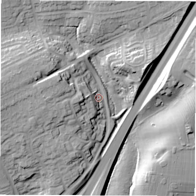 Shaded relief map of the ground around DE39ST, computed from Environment Agency LiDAR. The ground here sits at about 85 m above sea level and falls 29 m across the surrounding 800 m. Surface water reaching this point runs off ground lying to the west-north-west, 17.6 m higher.